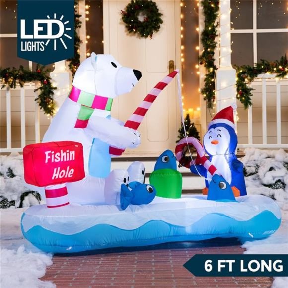 6 FT Christmas Inflatable Penguin & Polar Bear Decoration, Fishing Hole Sign - Picture 4 of 7